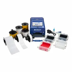Portable label printer with 300 dpi printhead resolution and continuous roll capability. Includes battery, cleaning kit, 2.25 in x 100 ft white all-weather vinyl label tape, and Brady Workstation Design and Print Pro software. Suitable for on-site labeling tasks such as asset identification, cable marking, and safety signage in industrial environments.