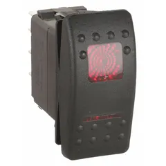 Environmentally sealed rocker switch with red illumination. DPDT, 3-position On/Off/On operation. Rated 20 A at 12 V AC/DC and 1/2 hp at 125 to 250 V. Quick-connect tab terminals. Lens included; no lamp module or NEMA enclosure. Suitable for industrial control panels, marine equipment, and machinery requiring a sealed illuminated switch.