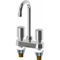 Centerset push-button metering bathroom faucet constructed of cast brass with a polished chrome finish. Features an aerated outlet and includes (1) 1/2 in coupling nuts. Designed for timed water flow in commercial restroom applications.