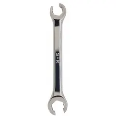 This metric double-end flare nut wrench is made from carbon alloy steel with a chrome finish. It features 6-point standard heads in 15 mm and 17 mm sizes. Designed for tightening or loosening flare nuts on brake lines, fuel lines, and hydraulic fittings.