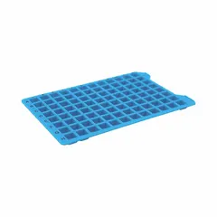 This blue silicone sealing mat is designed for 96-well plates, featuring a pre-slit design for pipette tip access. With an 8.5 mm well opening and non-vented construction, it provides a secure seal to prevent contamination and evaporation in laboratory applications.
