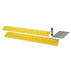 This lightweight drop-over cable ramp provides two channels for routing cables across pedestrian walkways or vehicle pathways. Made of yellow polyurethane, it measures 108 inches long, 10 inches wide, and 2 inches high, with a channel width of 1 1/4 inches and a maximum cable diameter of 3/4 inch.