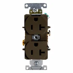 General-purpose duplex receptacle rated 125V AC, 20A with NEMA 5-20 configuration (2-pole, 3-wire grounding). Brown finish. Suitable for flush-mount installation in residential, commercial, and light-industrial settings to power standard 125V equipment requiring up to 20A.