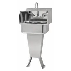 This one-station freestanding hand sink with faucet has a 17 in bowl length and 7 in bowl depth. The 0.5 gpm flow rate supports water conservation. Side splash is not included. Suitable for commercial restrooms and other high-traffic handwashing areas.