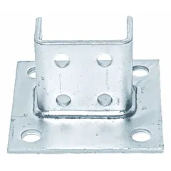 Steel post base designed for double strut channels of size 1-5/8 in x 3-1/4 in. Features an electroplated finish and 8 mounting holes. Used to secure and support strut channel systems in industrial framing, cable tray, and pipe support applications.