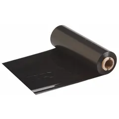 Black resin ribbon for thermal transfer printing, solvent-resistant and RoHS compliant. Compatible with THT 1" core printers and BBP12 printer series. Used for industrial labeling applications such as asset tags, safety signs, and wire/cable identification.