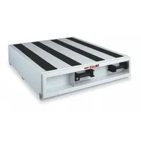 Steel bed-mount storage drawer unit with three drawers. Measures 36 inches wide, 48 inches deep, and 9 inches high. White finish. Suitable for organizing tools and parts in service trucks or vans