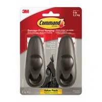 Adhesive-backed hook for indoor use, holding up to 5 lb. Bronze finish, 4 in overall height, 4 in base height. Each hook has 1 point. Suitable for hanging lightweight items in home or office settings