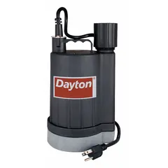 This submersible dewatering pump operates on 120V AC and is designed for continuous duty. It features a plastic volute, thermoplastic impeller, and nitrile rubber shaft seal, handling solids up to 3/32 in. maximum diameter. The pump includes a sensor and NPT connection for automatic operation and easy installation in flooded areas, sumps, and utility pits.