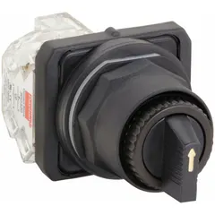 This selector switch features a long-handled knob and non-metallic bezel for panel mounting. With three positions (On-Off-On) and maintained/maintained/momentary action, it provides manual control for industrial machinery, conveyors, and panel systems. Rated 10 A at 600 V AC and 0.1 A at 600 V DC, with 1NO/1NC contacts and Cam C configuration.