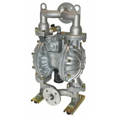 This air-operated double diaphragm pump features an aluminum housing and a 1 1/2 in flange connection with NPT threads. It delivers a flow capacity of 115 gpm and is equipped with a Santoprene seat and EPDM check valve. Typical applications include fluid transfer in industrial settings such as chemical processing, wastewater treatment, and mining.