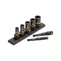 This bolt extraction impact socket set is designed for removing damaged or rounded fasteners using impact tools. The set includes sockets ranging from 1/4 in/7mm to 1/2 in/13mm with a 3/8 in drive size, organized on a rail for convenient storage and access. Suitable for automotive and industrial applications.