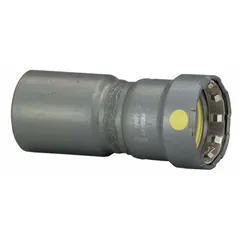 This gas steel press pipe fitting has a 2 in pipe x 1 in pipe size with an FTG x Press-fit connection. The body is steel, and the seal is HNBR. It is used for joining gas steel pipes in commercial and industrial gas systems.