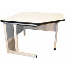 Laminate corner workstation with a fixed-height top measuring 48 inches by 30 inches in beige. Overall load capacity of 750 lb. Suitable for industrial assembly, testing, and technical workstations where space optimization and heavy-duty support are required.