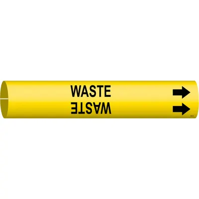 BRADY Pipe Marker: Waste, Yellow, Black, Fits 2 1/2 to 3 7/8 in Pipe O.D., 1 Pipe Markers - Waste Snap-On Pipe Markers