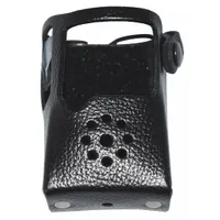 This black hard leather case is designed to carry a Motorola EVX-S24 series radio. It features a fixed belt loop for secure attachment to a belt, enabling hands-free operation during use in industrial, security, or field service environments