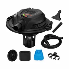 This SHOP-VAC bucket-top vacuum head converts a standard bucket into a wet/dry vacuum for cleanup of liquids and debris. It delivers 50 cfm air flow and 51 in static pressure, with a 4 ft hose and 1-1/8 in diameter. Suitable for maintenance, machining, and material handling applications.