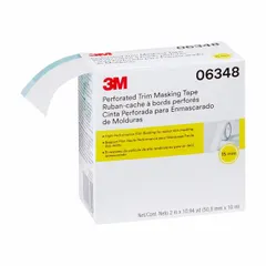 This blue masking tape features a rubber adhesive on a flatback paper backing, designed for indoor use on metal surfaces. It provides clean paint lines and easy removal for automotive refinishing, industrial painting, and trim masking applications where precise perforated edges are required. Roll width is 2 inches, overall length is 10 15/16 yards.