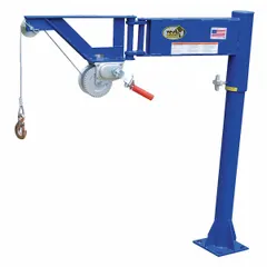 Manual steel davit crane kit with a pedestal base, rated for 400 lb maximum load capacity and 3 ft to 3 ft reach. Suitable for lifting tasks in maintenance, material handling, and facility applications requiring a compact steel crane.