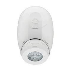 Thermoplastic remote light head for ceiling or wall mounting. Operates on 7 to 30 V and uses one 5 W LED lamp. Adjustable head with white housing. Compatible with ELM4L LTP HO fixture. Provides emergency illumination during power outages in commercial or industrial settings.