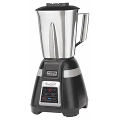 Electronic keypad bar blender with 1 hp motor, 2 speeds, and pulse function. Stainless steel construction, 120V AC. Suitable for blending cocktails, smoothies, and frozen drinks in commercial bar settings.