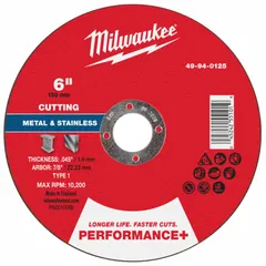 This Type 1 cut-off wheel is constructed with aluminum oxide and 46 grit for general-purpose cutting of carbon and stainless steel. The 6-inch diameter with 0.045-inch thickness and 7/8-inch arbor fits common angle grinders. Suitable for metal fabrication, maintenance, and repair tasks.