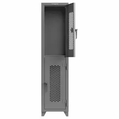 This ventilated steel locker provides secure personal storage for workplaces, schools, and industrial facilities. The two-tier design accommodates multiple users, while the padlock hasp allows for user-supplied locks. The ventilated door promotes airflow to reduce moisture and odors. Fully assembled, 2 units wide, in RAL 7037 Dusty Gray.
