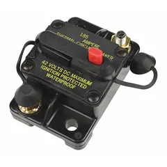 The BUSSMANN CB185-50 is a 48V DC Hi-Amp Circuit Breaker from the CB185 series. It features a stud terminal connection and a flush mount design, with an interrupt rating of 3 kA at 48V DC. Suitable for overcurrent protection in DC power systems such as heavy-duty vehicles and battery banks.