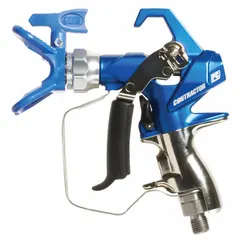 This GRACO airless spray gun features an aluminum body and a 1/4 in NPSM air inlet, designed for applying coatings, enamels, lacquers, and stains. It includes a RAC X Tip Guard and supports a 10 in to 10 in tip range. Typical applications include industrial finishing and maintenance painting.
