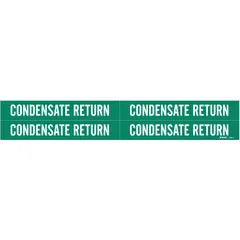 Green adhesive pipe markers with white legend reading 'Condensate Return'. Each marker fits pipe outer diameters from 3/4 to 2-3/8 inches. Pack includes 4 markers without arrows. Used for identifying condensate return lines in piping systems.