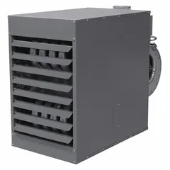 This Dayton standard-profile suspended unit heater provides 150,000 BtuH input capacity for heating commercial and industrial spaces. It operates on natural gas with field-convertible combustion and includes a blower fan for air distribution. The unit features a 5 in flue diameter, 1/2 in NPT male gas connection, and overall dimensions of 33-3/4 in x 25-1/4 in x 49-3/4 in.