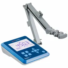 Digital benchtop meter measuring conductivity, salinity, temperature, and total dissolved solids with ±0.5% FS accuracy. Includes manual, PC cable, and universal power adapter. Electrodes and reagents sold separately. Used for water quality testing in laboratory and industrial settings.