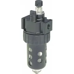 Mist-type compressed air lubricator with 3/4 in NPT ports, 90 cfm flow capacity, and 150 psi maximum operating pressure. Features a plastic bowl and zinc body. Used to inject fine oil mist into compressed air lines for lubrication of pneumatic tools, cylinders, and valves in industrial systems.