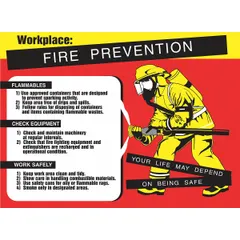 This poster is printed on plastic with a clear film laminate protective coating. It measures 17 in x 22 in nominal sign size and displays the message in English. Suitable for use in industrial facilities, warehouses, and manufacturing environments to reinforce fire prevention and safety awareness.