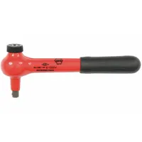 Reversible pear-head ratchet with 1/4 in drive, 5 1/2 in overall length, and 1.5° minimum arc swing. Insulated for use on or near live electrical circuits. Quick-release mechanism enables one-handed operation in confined spaces