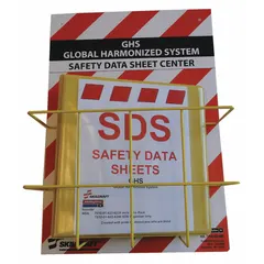 Wall-mount unit for organizing and displaying safety data sheets. Red with English labeling. Includes mounting hardware for installation. Overall height 20 in, width 14 in.