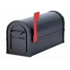 Horizontal single-unit mailbox for post mounting. Measures 9 1/2 in H x 7 1/2 in W x 20 1/2 in D. Front-opening, non-lockable door. Black finish. Suitable for curbside mail collection in residential or light-commercial settings.