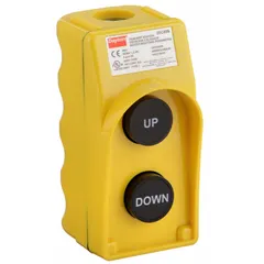 Plastic-enclosed pendant with two momentary push buttons labeled Up/Down. Rated AC 10 A @ 600 V and DC 5 A @ 600 V. NEMA 1/3/3R/4/4X enclosure suitable for industrial environments. Used for remote control of hoists, cranes, and machinery requiring up/down functions.