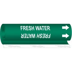 Green pipe marker with white 'Fresh Water' legend and directional arrows. Fits pipe outer diameter 1/2 to 1-3/8 in. Used to identify fresh water lines in piping systems.