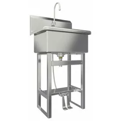 This one-station freestanding hand sink includes a faucet with a 0.5 gpm flow rate. The bowl measures 22 inches in length and 10 1/2 inches in depth. Side splash is not included. Suitable for hand-washing in commercial or institutional settings.
