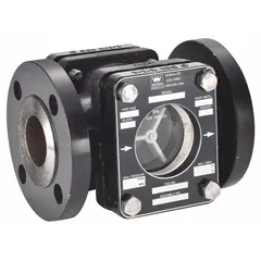 This single wall sight flow indicator with rotor is used for visual verification of fluid flow in piping systems. It features a 1 in flange connection, borosilicate glass sight, carbon steel bolts, and PTFE seals. Flow direction is horizontal left. Suitable for fluid media.