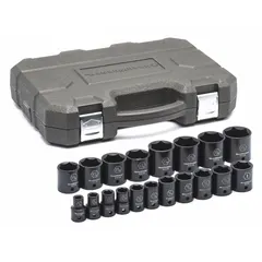 This SAE impact socket set includes sockets ranging from 3/8 in to 1-1/2 in with a 3/8 in drive size. The manganese phosphate finish provides corrosion resistance. Suitable for fastening and loosening nuts and bolts in automotive repair, heavy equipment maintenance, and industrial assembly.