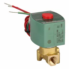 This 2-way, 2-position normally closed solenoid valve is designed for high-flow applications. It features a 1/4 in pipe size and operates on 240V AC (220V AC). The coil enclosure is without a junction box. Typical uses include on/off control of water, air, and light oil in industrial fluid systems.