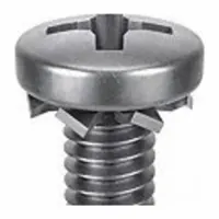This SEMS machine screw features a #4-40 thread, 7/16 in length, and a pan head with #1 drive size. Made of passivated stainless steel, it includes a pre-assembled external tooth lock washer to resist loosening under vibration. Suitable for fastening components in machinery, electrical enclosures, and metal assemblies