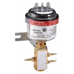 3-way air switching valve with 5/32 in barb connection, operating temperature range 40°F to 125°F. Switchover pressure range 11 psi to 15 psi. Switch type: Normally Open and Normally Closed. Used in pneumatic control systems to switch air flow between outputs based on pressure threshold.