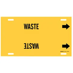 Yellow strap-on pipe marker with black legend reading 'Waste' and directional arrows. Fits pipe outer diameters from 8 to 9-7/8 inches. Used to identify waste lines in piping systems for maintenance and safety purposes.