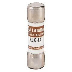 Midget, fast-acting cylindrical fuse rated at 4 A, 600 V AC, and 500 V DC. Measures 13/32 in x 1 1/2 in. Provides overcurrent protection in industrial control panels, motor drives, and power supplies where rapid response to short circuits is required.
