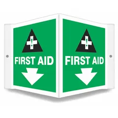 This V-shape projection first aid sign is made of PETG with a nominal size of 6 in x 8 1/2 in and a thickness of 0.06 in. It features mounting holes for secure attachment to walls or structures. The sign is not retroreflective, not glow-in-the-dark, and has no anti-slip surface. It is used to mark first aid stations or equipment in industrial and commercial settings.