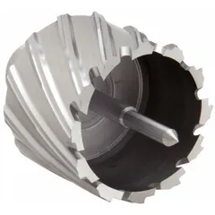 High-speed steel annular cutter with a bright finish, designed for general cutting of metal. Features a 1 7/8 in cutter diameter and 1 in maximum cutting depth. Includes a pilot pin for precise alignment. Suitable for creating clean, accurate holes in steel and other metals in structural fabrication and maintenance applications.