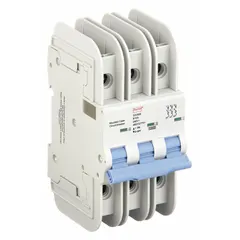 This 3-pole miniature circuit breaker from the NDB2T-63 series features a B-Curve trip characteristic for overcurrent protection in branch circuits. Rated 10A with a maximum interrupting rating of 10kA at 480V AC, it mounts on standard DIN rails and uses lug terminals. Suitable for resistive and lighting loads in industrial and commercial electrical panels.